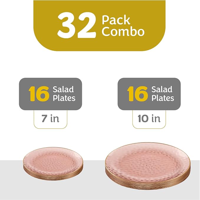 PLASTICPRO 32 Piece Combo Plates Set includes 16-7'' inch Plates & 16-10'' inch Dishes Rose Hammered Plastic PartyPlates Premium heavyweight Elegant, Disposable, Tableware, Dishes,