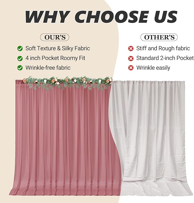 20ft x 10ft Dusty Rose Backdrop Curtains, Wrinkle-Free Sheer Chiffon Fabric Photo Backdrop Drapes for Wedding Arch Party Ceremony Stage Photography Birthday Decorations