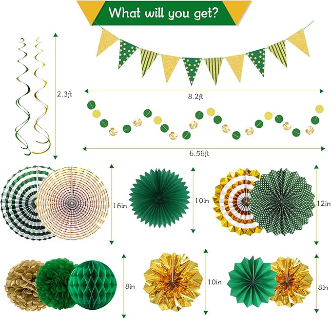 Green Gold Party Decorations, Graduation Season Hanging Glitter Triangle Flags Banner Paper Fan Tissue Pom Poms Garlands, St. Patrick's Day, Bridal Shower, Green Master Golf Themed Birthday