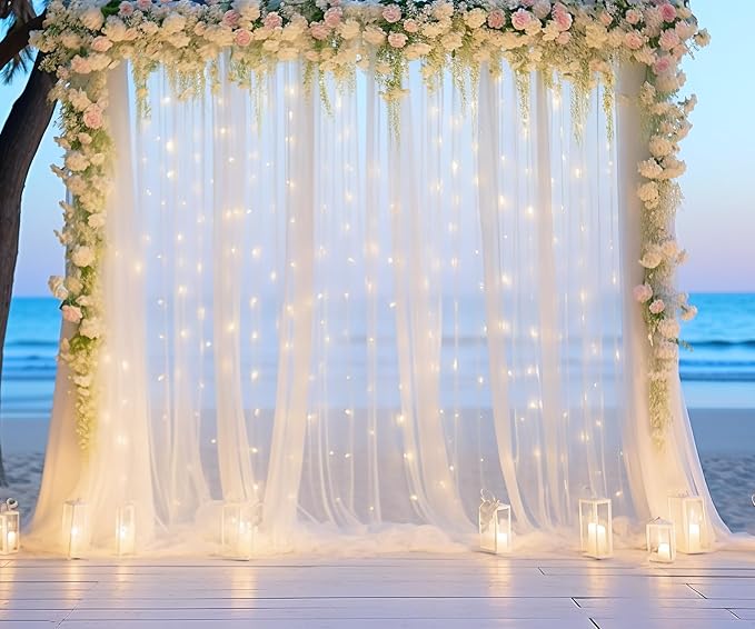 20ft x 10ft White Sheer Tulle Backdrop Curtain with Lights String- Wedding Backdrop Decorations for Reception Ceremony Home Party Photoshoot Background Fabric Curtains Backdrop