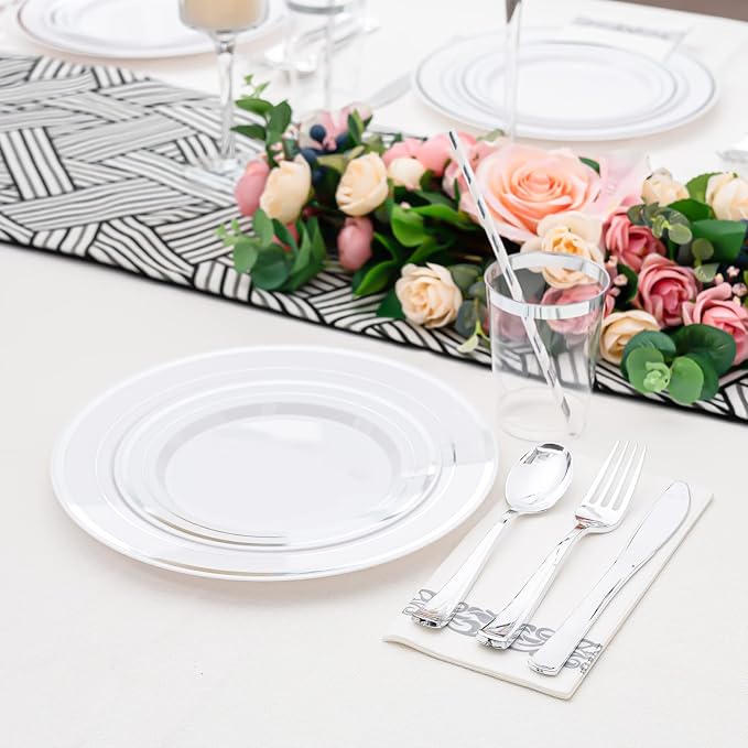 175 PCS Silver Dinnerware Set for 25 Guests, Silver Rimmed Heavy Duty Plastic Disposable Plates for Party Wedding with 25 Dinner Plates,Dessert Plates, Silverware Set, Cups, Napkins