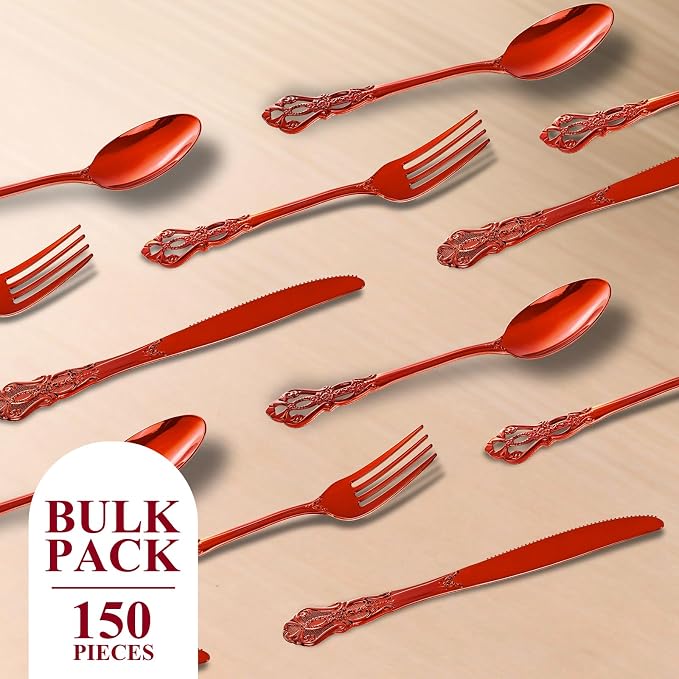 150PCS Red Plastic Silverware - Elegant Disposable Utensils - Heavy Duty Vintage Red Cutlery Sets Includes 50Forks, 50Spoons, 50Knives for Catering Dinner Party Wedding