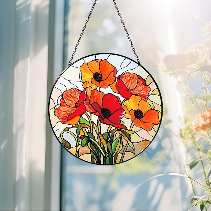 California Poppy Forest Sun Catcher 6'' Stained Glass Window Hanging Flower Lover Gifts for Women Red Poppy Kitchen Decor Suncatcher Decoration for Home Garden Housewarming Gifts