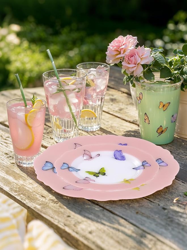 WDF 20PCS Pink Butterfly Plates - Baroque Spring Plates Disposable - Butterfly Party Decorations for Birthdays/Tea Party/Bridal Shower/Mother's Day