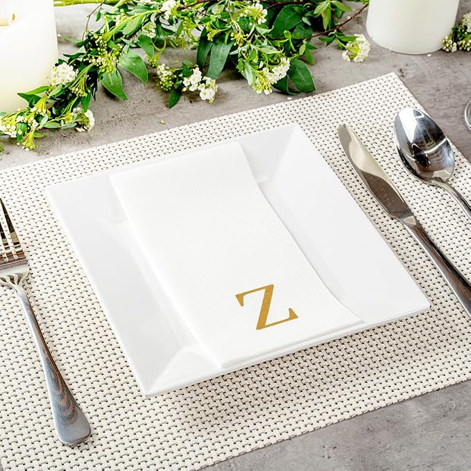 Luxenap 15.8 X 7.9 Inch Linen-Feel Guest Towels, 2000 Lettered Hand Towels - Gold Letter 'Z', Sans Serif Font, White Paper Dinner Napkins, airlaid, For Restrooms And Tables - Restaurantware