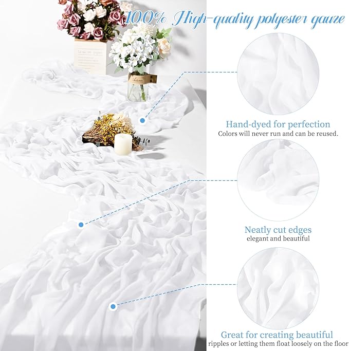 Teruntrue 24 Packs White Cheesecloth Table Runner,10ft Rustic Gauze Boho Wedding Table Runner Decoration, Wedding Table Decor Sheer Table Runner for Wedding Party Bridal Shower Table