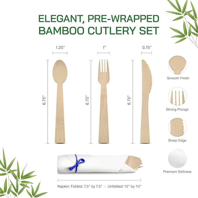 Prerolled Disposable Bamboo Cutlery Set – 150 Pack Pre Wrapped Silverware and Napkin Bundle with Forks, Knives, Spoons for Parties, Weddings, Events, and BBQ (Blue String)