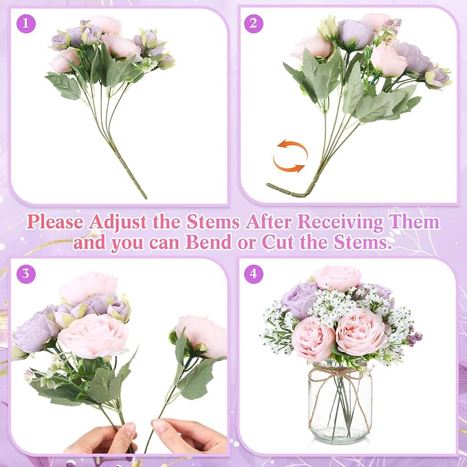 Zeyune 12 Sets Mason Jar Centerpiece Table Decorations, Artificial Peony Baby's Breath Flower Bouquets, Faux Flowers with Vase, Rustic Decor Gifts for Home, Wedding, Holiday (Purple,Pink)