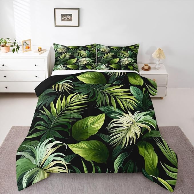 Feelyou Tropical Leaves Comforter Set Queen Size Kids Palm Tree Print Comforter for Boys Girls Teens Leaf Pattern Bedding Set Botanical Leaf Branches Duvet Set Botanical Quilt