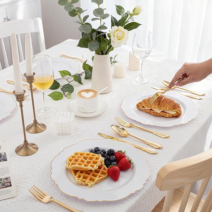 WDF 300 Pieces Gold Plastic Silverware Disposable - Heavy Duty Plastic Cutlery - Gold Silverware Sets Includes 100 Forks, 100 Spoons, 100 Knives for Baby Shower Wedding Spring