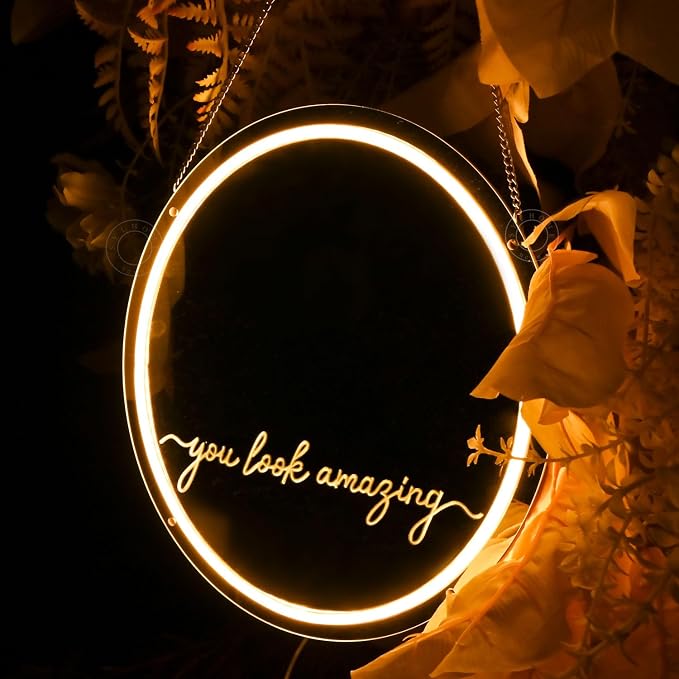 SYLHOME Mirror Led Neon Light Sign You Look Amazing Bedroom Girls Room Dresser Wall Sign Decor Birthday Party Christmas Gifts 13.78" X 11.81" USB Warm White