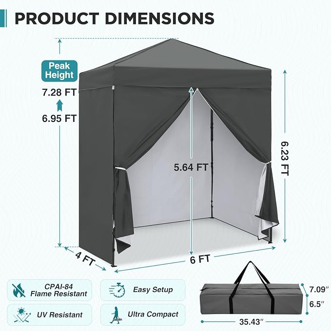 EAGLE PEAK 6x4 Instant Pop Up Canopy Tent with 4 Side Wall Panels, Straight Leg Sun Shelter, Portable Canopy with Carry Bag for Camping, Beach & Sports, Dark Gray