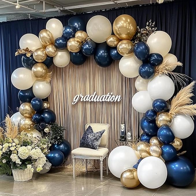 Navy Blue White Balloons Double Stuffed Dark Royal Blue White Gold Balloons Pearl Sand Balloon Garland Arch Kit for Birthday Baby Shower Father's Day Wedding Graduation Party Decorations