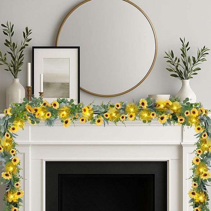 7.5FT Artificial Sunflower Garland with 30 Lights Silk Sunflower Vine Fake Flowers Summer Garland Prelit Lights for Mantle Baby Shower Wedding Arch Front Door Porch Staircase Decor (1 Pcs)