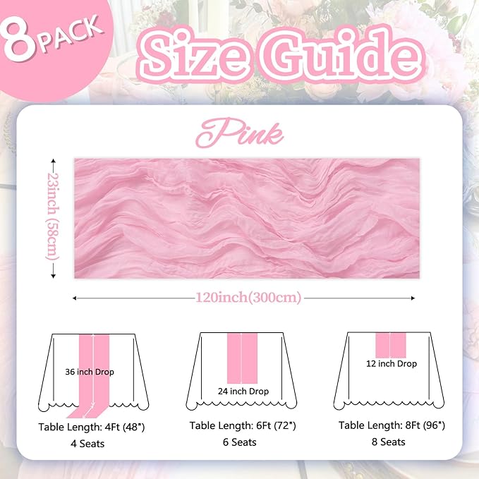 8 Pack Pink Cheesecloth Table Runner 10ft Boho Gauze 120 Inch Cheese Cloth Table Runner Rustic Sheer for Spring Holiday Baby Shower Party Décor Home Wedding Decoration
