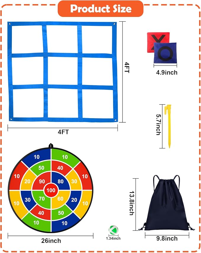 Giant Tic Tac Toe Outdoor Games, Bean Bag Toss Games, 26" Dart Board Game Double-Sided with Sticky Balls for Boys and Girls Ages 4-12 Kids Adults Family Lawn Yard Large Carnival Games