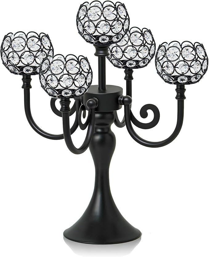 5 Arm Metal Crystal Candelabra Centerpiece - 13.4 Inch Elegant Candle Holder with Crystal Beads for Wedding Party Christmas Home Dining Table Decoration (1, Black)