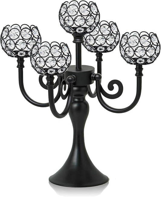 5 Arm Metal Crystal Candelabra Centerpiece - 13.4 Inch Elegant Candle Holder with Crystal Beads for Wedding Party Christmas Home Dining Table Decoration (1, Black)