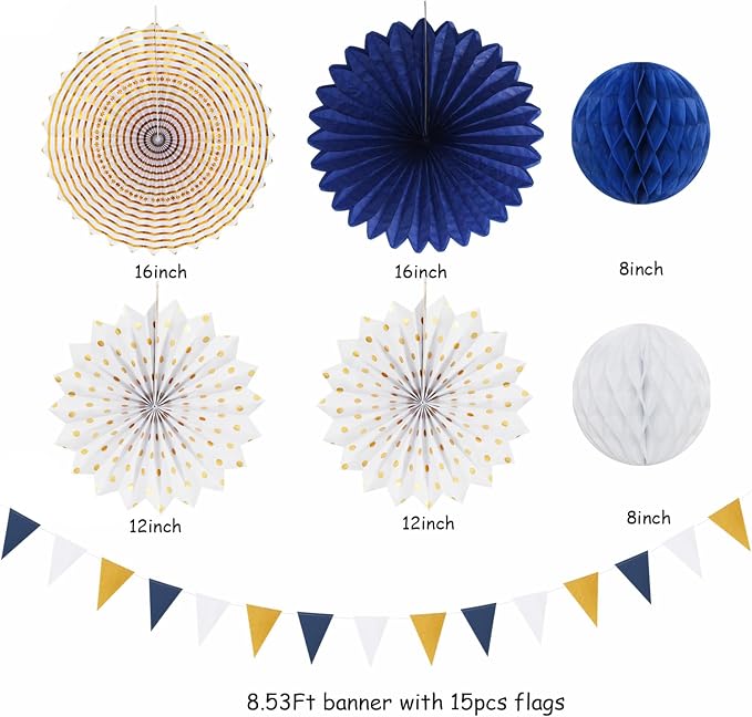 Navy-Blue White Gold Party-Decorations - 20pcs Graduation 2026 Paper Lanterns Fans,Tissue Pom Poms,Honeycomb Ball,Birthday Bridal Celebration Bachelorette Baby Shower Wedding Homecoming Decor Burgleda
