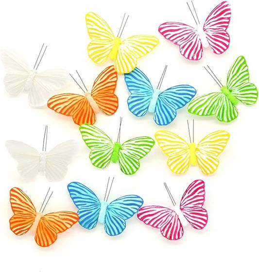 12PCS Clip On Butterflies Decoration Handmade Butterfly Ornaments 3D Feather Butterflies Decor mariposas para arreglos florales for Bouquet Birthday Home Decoration-4" Zebra Butterfly kit (1103C)