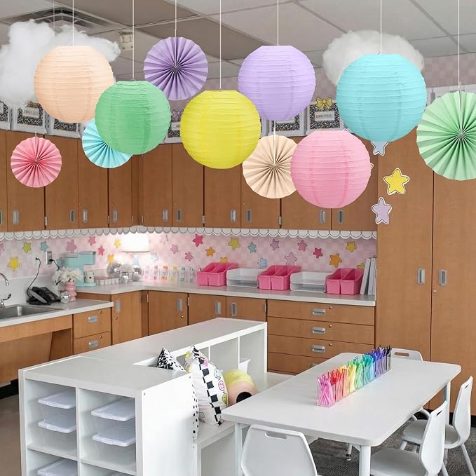 Flutesan Pastel 12 Pcs Classroom Decor Hanging Paper Lanterns and Paper Fans Back to School Party Classroom Ceilings Decor Supplies for Bulletin Board Office Wall Birthday Party Decoration
