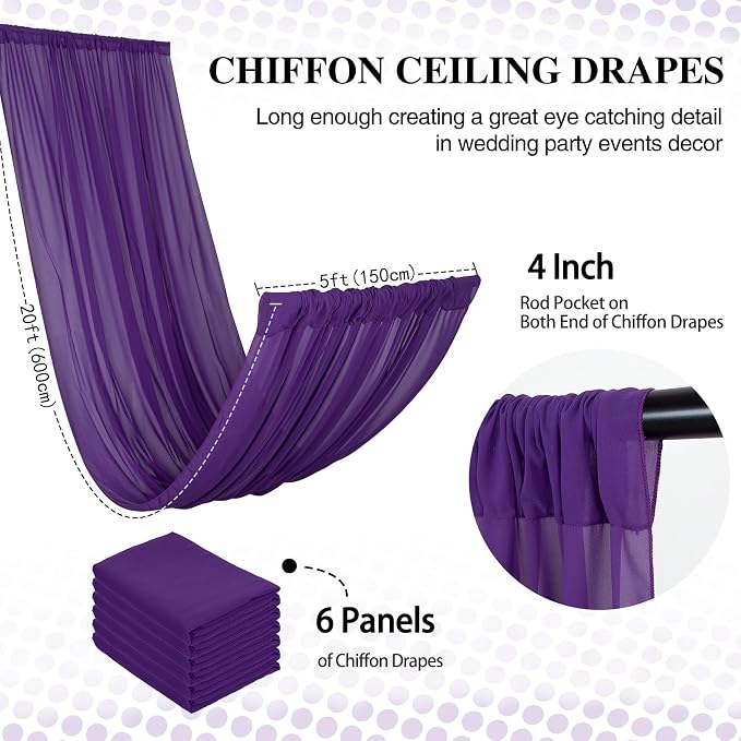 DUOBAO Chiffon Ceiling Drapes 20ft Purple Wedding Backdrops Sheer Curtains for Reception Wedding Ceremony Sheer Arch Fabric Perfect for Tent, Banquet Hall, and Event Party Supplies - 6 Panels 5x20ft