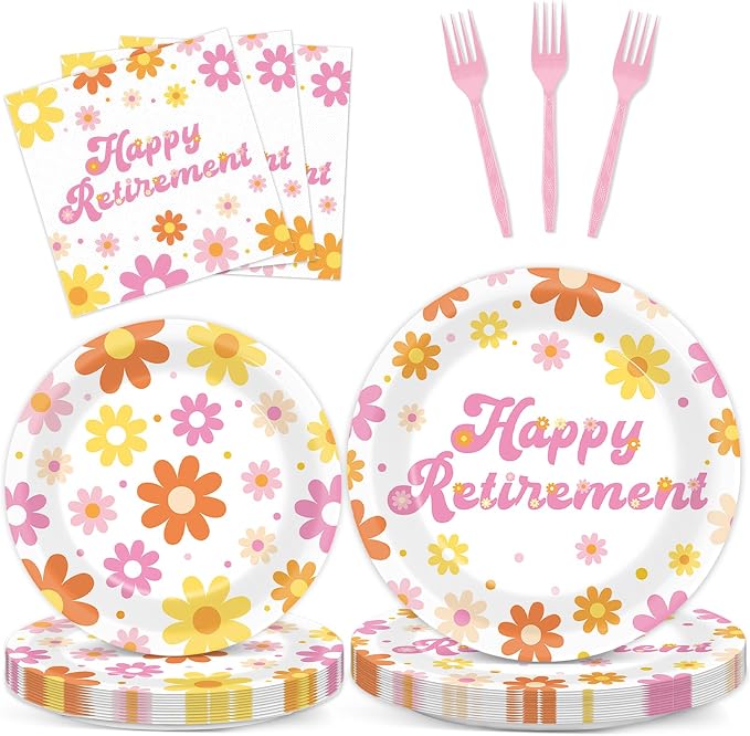 96Pcs Retirement Party Supplies Happy Retirement Plates and Napkins Colorful Daisy Flower Tableware Set Floral Disposable Dinnerware for Women Goodbye Going Away Farewell Party Decorations 24 Guests