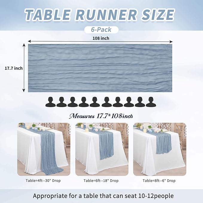 6 Pack Dusty Blue Table Runner, Cheesecloth Table Runner Long Romantic Semi Sheer Rustic Boho Gauze Table Runners for Wedding Bridal Shower Birthday Party Decorations(17.7×108 Inch)
