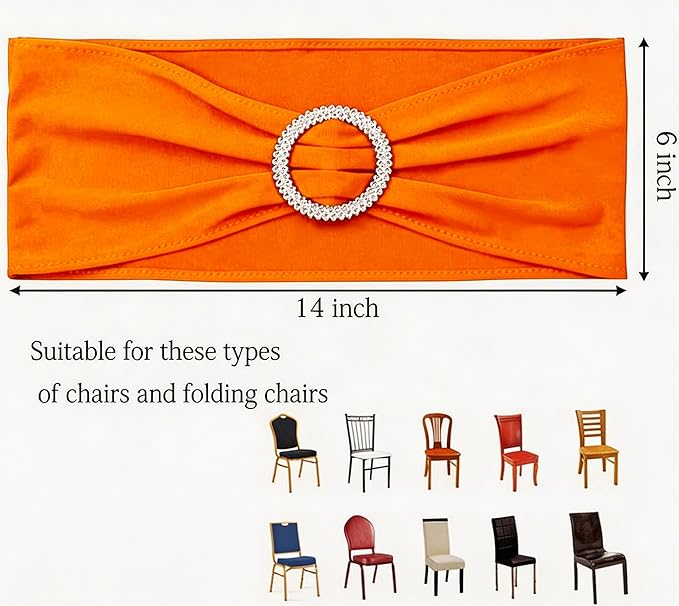 Pack of 50 Wedding Burnt Orange Chair Sashes, Elastic Chair Bands with Buckle Slider, Chair Bows for Wedding Decorations, Without White Chair Covers (Orange)