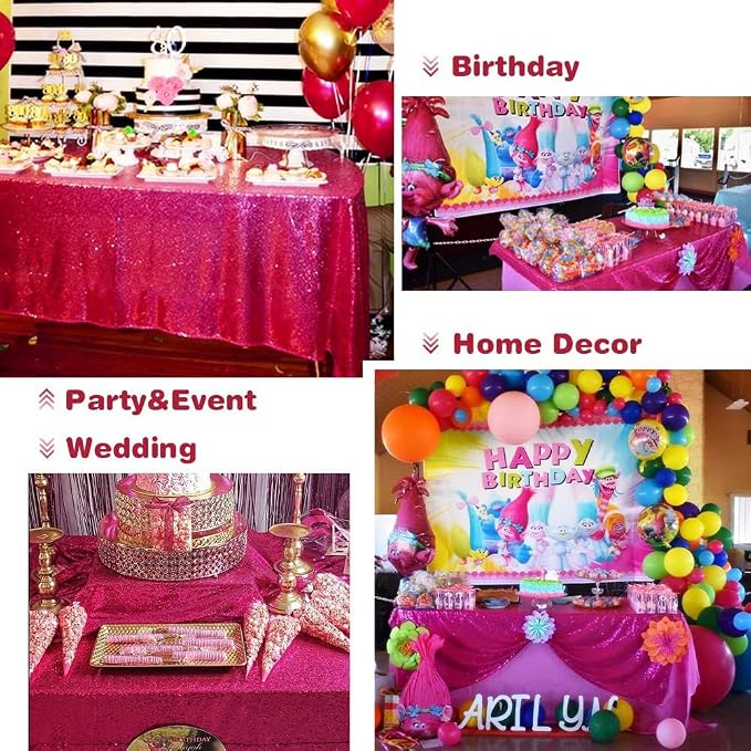 Eternal Beauty Hot Pink Tablecloth, 60x120 Inch Sequin Rectangle Table Cover for Mother's Day Cake Dessert Exhibition Party Birthday Events