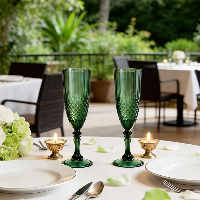 Plastic Champagne Flutes, Champagne Glasses Bulk, Reusable Unbreakable Acrylic Wine Glasses Goblets for Weddings Bachelor Parties Toasting Bridal Shower (48, Dark Green)