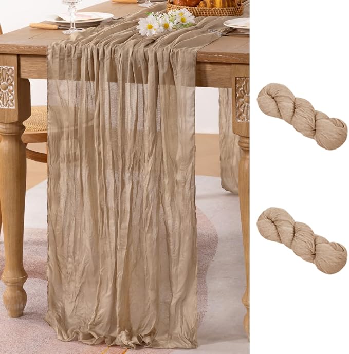 MLMC 2 Pack Nude Cheesecloth Table Runner 10ft Boho Gauze Taupe Cheese Cloth Table Runner Rustic Neutral Centerpiece Decor 35x120 Inches for Wedding Farmhouse Reception Home Decor
