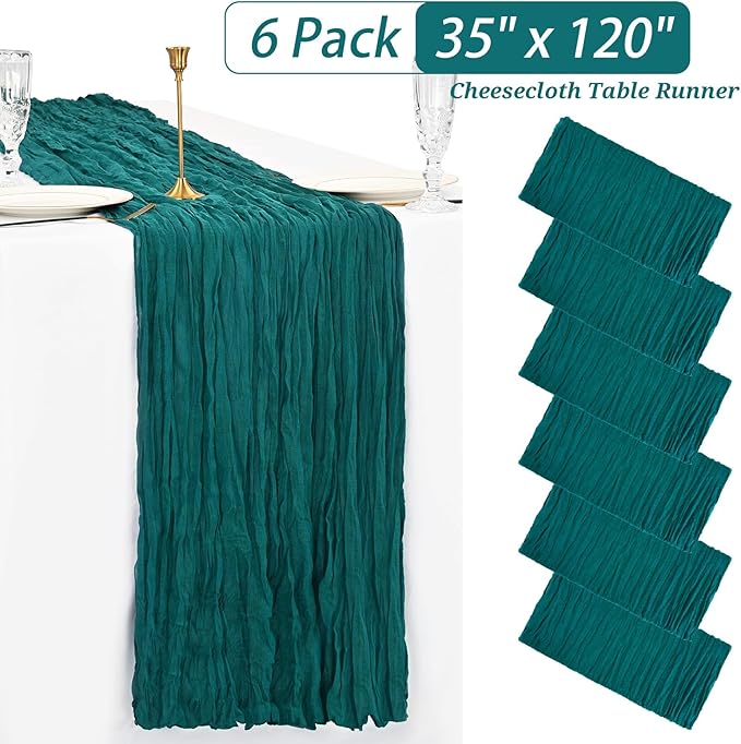 Showgeous 6 Pack Teal Cheesecloth Table Runner Gauze Table Runner 10FT Long Semi-Sheer Table Runner Boho or Rustic Wedding Table Decor for Wedding Decor Arch Draping Bridal Shower Holiday Party