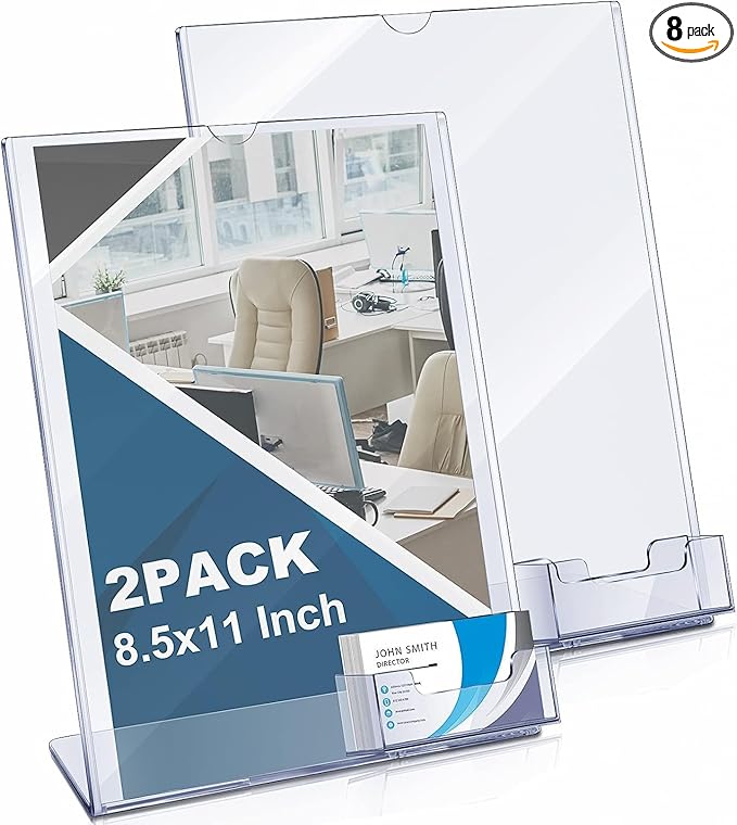 Vicenpal Acrylic Flyer Stand Sign Holder with Business Card Holder 8.5 x 11 Clear Brochure Display Stand with Business Card Pocket for Magazine Pamphlet Booklets Menu Desktop(8 Pcs)