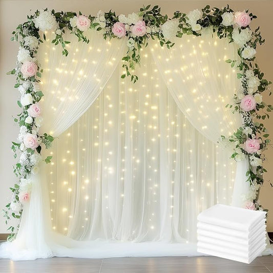 Fomcet Tulle Backdrop Curtains Ivory 30FT X 10FT Tulle Curtain with Lights String Sheer Backdrop Curtains for Parties Wedding Baby Shower Photo Shoot Decorations (6 Panels 5x10FT)