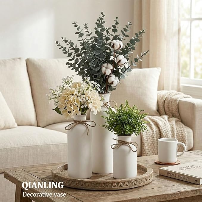 White Ceramic Vase Set - 3 Small Vases, Minimalist Decor Boho Vases, Modern Farmhouse Home Décor Accents, Living Room Centerpieces for Home Décor Room,Entryway, Bookshelf, Mantel, Shelf Décor
