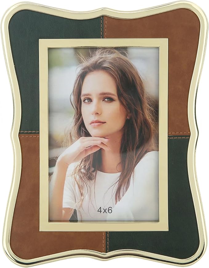 4x6 Metal Leather Picture Frame,Pretty Photo Frame with Gold Edge, Clear Glass Front, Unique Gifts for 3 Years of Marriage Couple Anniversary Graduation Horizontal&Vertical