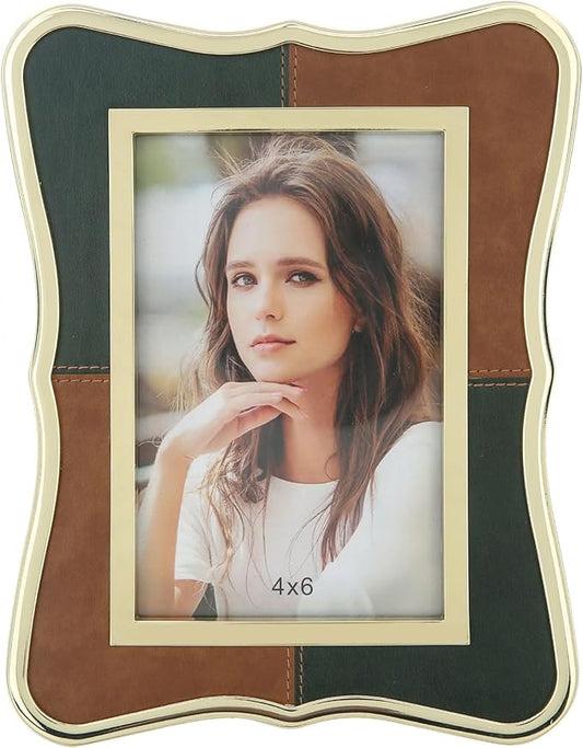 4x6 Metal Leather Picture Frame,Pretty Photo Frame with Gold Edge, Clear Glass Front, Unique Gifts for 3 Years of Marriage Couple Anniversary Graduation Horizontal&Vertical