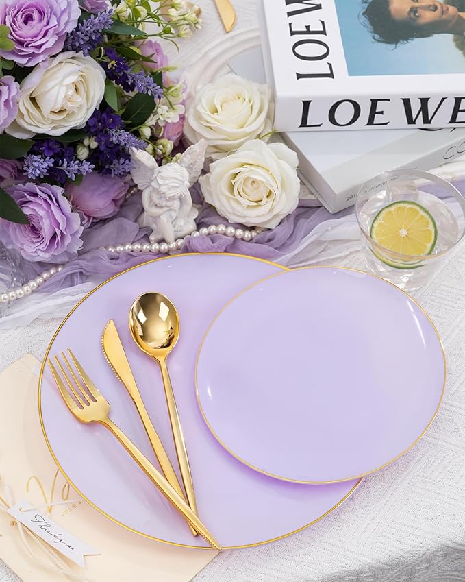 bUCLA 150PCS Purple Plastic Plates - Light Purple and Gold Disposable - Include 25 Each (Dinner & Dessert) lavender Plates, 25 Knives, 25 Forks, 25 Spoons & 25 Cups for Party, Birthday & Wedding