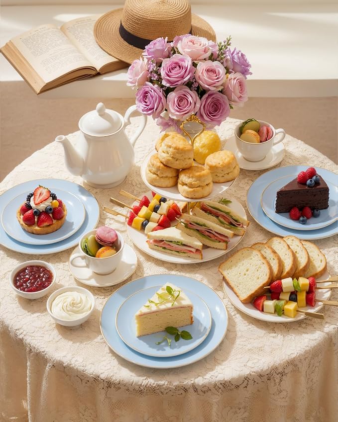 bUCLA 100PCS Light Blue Plastic Plates - Blue Disposable with Gold Rim - Include 50 Each (10 inch Dinner & 7 inch Dessert) Plates, Ideal for Party, Birthday & Spring
