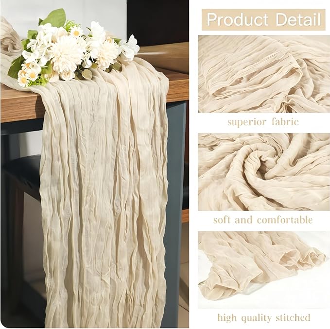 16 Pack Beige Cheesecloth Table Runner 35x120 Inch Boho Gauze Cheese Cloth Table Runners, 10 FT Long Rustic Sheer Table Runners for Wedding Bridal Baby Shower Birthday Party Table Decorations