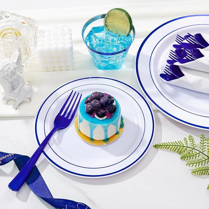 WELLIFE 350 Pieces Blue Plastic Plates - Disposable Silverware and Cups, Include: 50 Dinner Plates 10.25”, 50 Dessert Plates 7.5”, 50 Blue Cups 9 OZ, 50 Plastic Cutlery