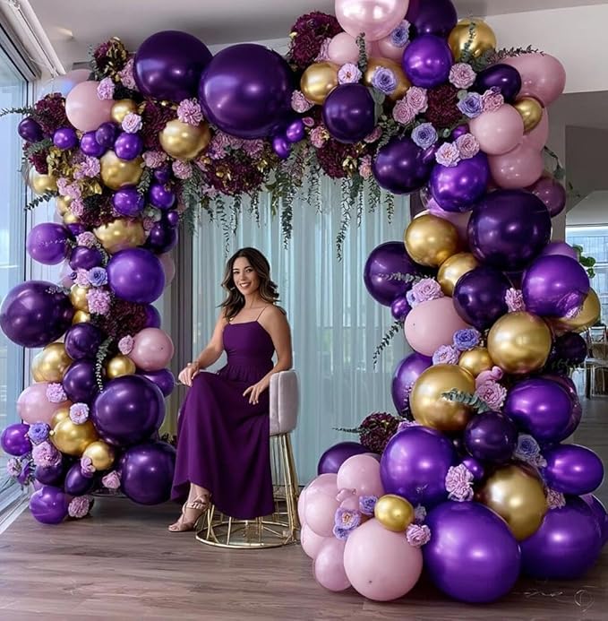 Purple and Gold Balloons Double Stuffed Royal Purple Pink Balloon Garland Kit with Artificial Flowers Balloon Arch for Baby Shower Aniversary Sweet 16, Bridal Shower and Birthday Decoration