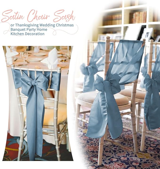60 PCS Dusty Blue Satin Chair Sashes, Ties Bows Designed Chairs Decorative, Chair Cover Sashes for Thanksgiving Wedding Christmas Banquet Party Home Kitchen Decoration (7 x 108 inch)