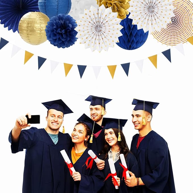 Navy-Blue White Gold Party-Decorations - 20pcs Graduation 2026 Paper Lanterns Fans,Tissue Pom Poms,Honeycomb Ball,Birthday Bridal Celebration Bachelorette Baby Shower Wedding Homecoming Decor Burgleda
