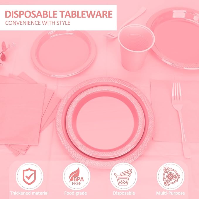 Pink Plastic Plates for Party,30 Guest Disposable Plastic Plates Set 9" Plates,7" Dessert Plate,Napkins,Cups,Forks & Tablecloth for Birthday Wedding Baby Shower,Girlfriends Tea Party