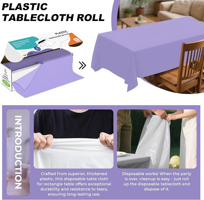 54IN X 160FT Plastic Table Cover Roll with Cutter Box, Cut to Size Plastic Table Cloths for Parties, Birthday, Disposable Tablecloth Roll for All Shape Tables (Light Purple, 54 Inch X 160 Feet)