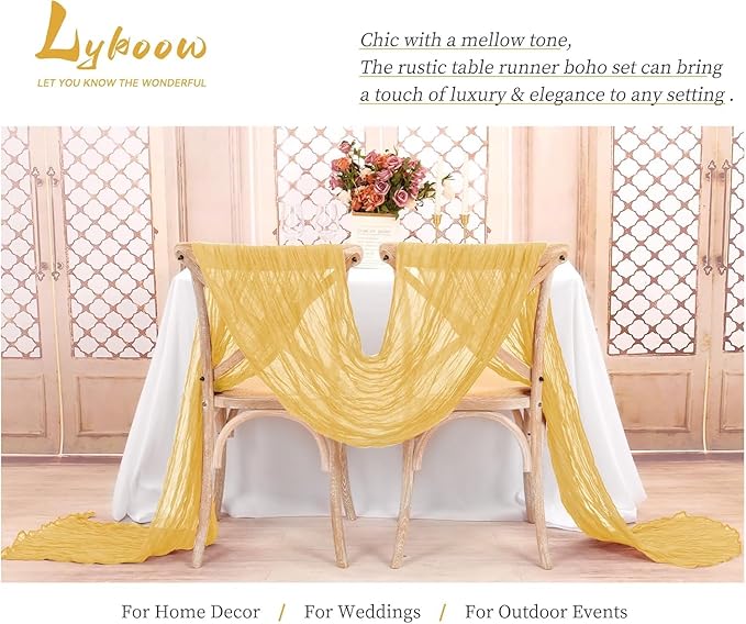 12 Packs Gold Table Runner, Charming Cheesecloth Table Runner 17 x 108inch, Gauze Boho Wedding Decoration Rustic Sheer Fabric Cheese Cloth Table Runners for Wedding Party Bridal Shower