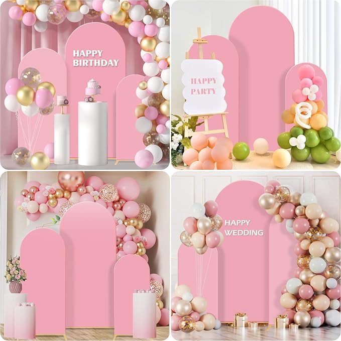 Gawicpy Wedding Arch Backdrop Stand Set Metal Arch Backdrop Stand with Wedding Arch Cover, Wedding Balloon Arch Backdrop Stand for Birthday, Baby Shower, Anniversary (Pink, 4FT+5FT+6FT)