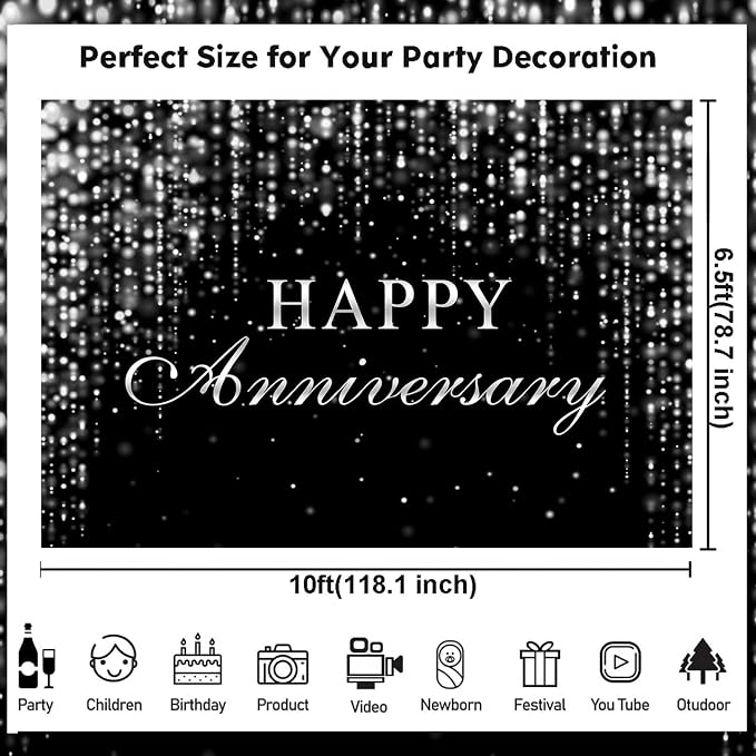 Sensfun Happy Anniversary Backdrop Black Silver Glitter Marriage Wedding Party Decorations Banner Shining Flowing Curtain We Still Do Anniversary Sign Photography Background Photo Booth Props 10x6.5ft